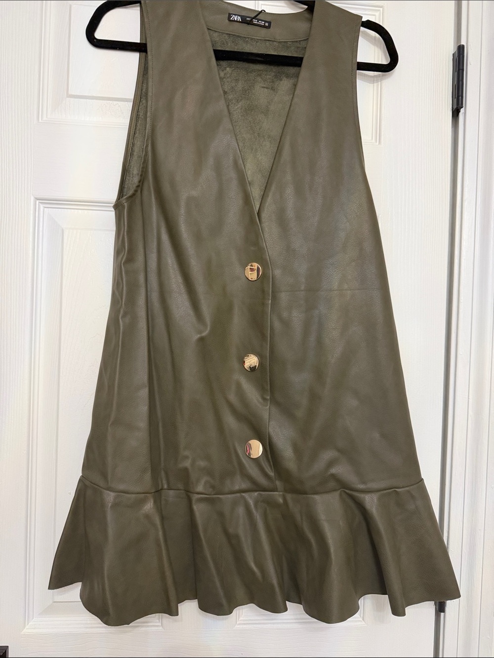 ZARA Olive Green Faux Leather Button-Front Sleeveless Dress